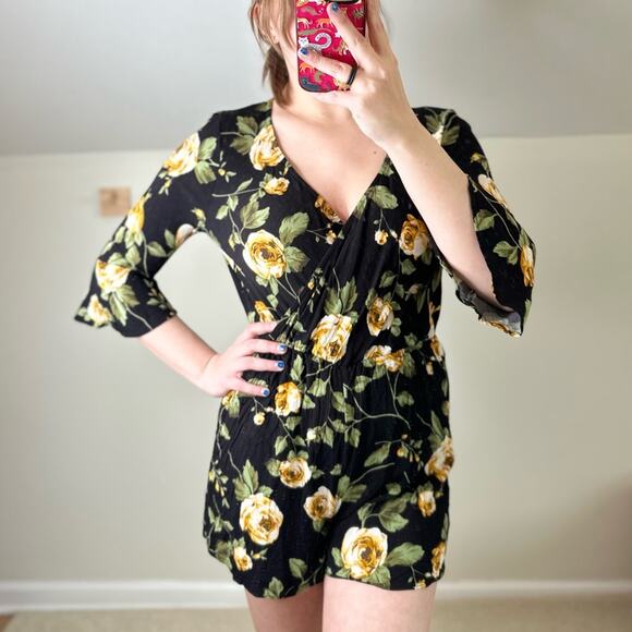 Everly Black and Yellow Rose Romper - Picture 1 of 7